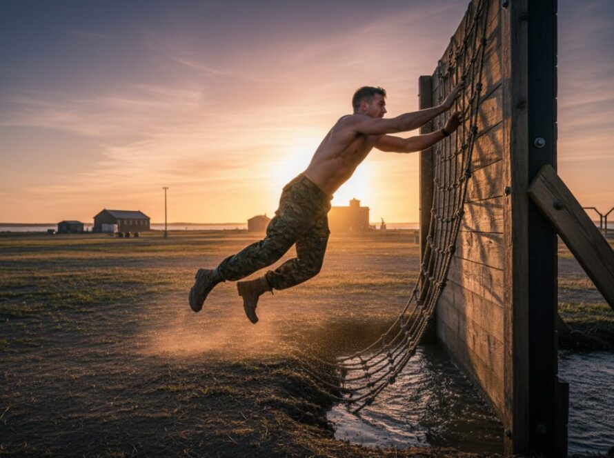 A dramatic, low-angle photograph capturing naval sports action HMAS Cerberus, showing a determined sailor mid-leap during an obstacle course, silhouetted against a golden sunset, conveying immense power and grit.