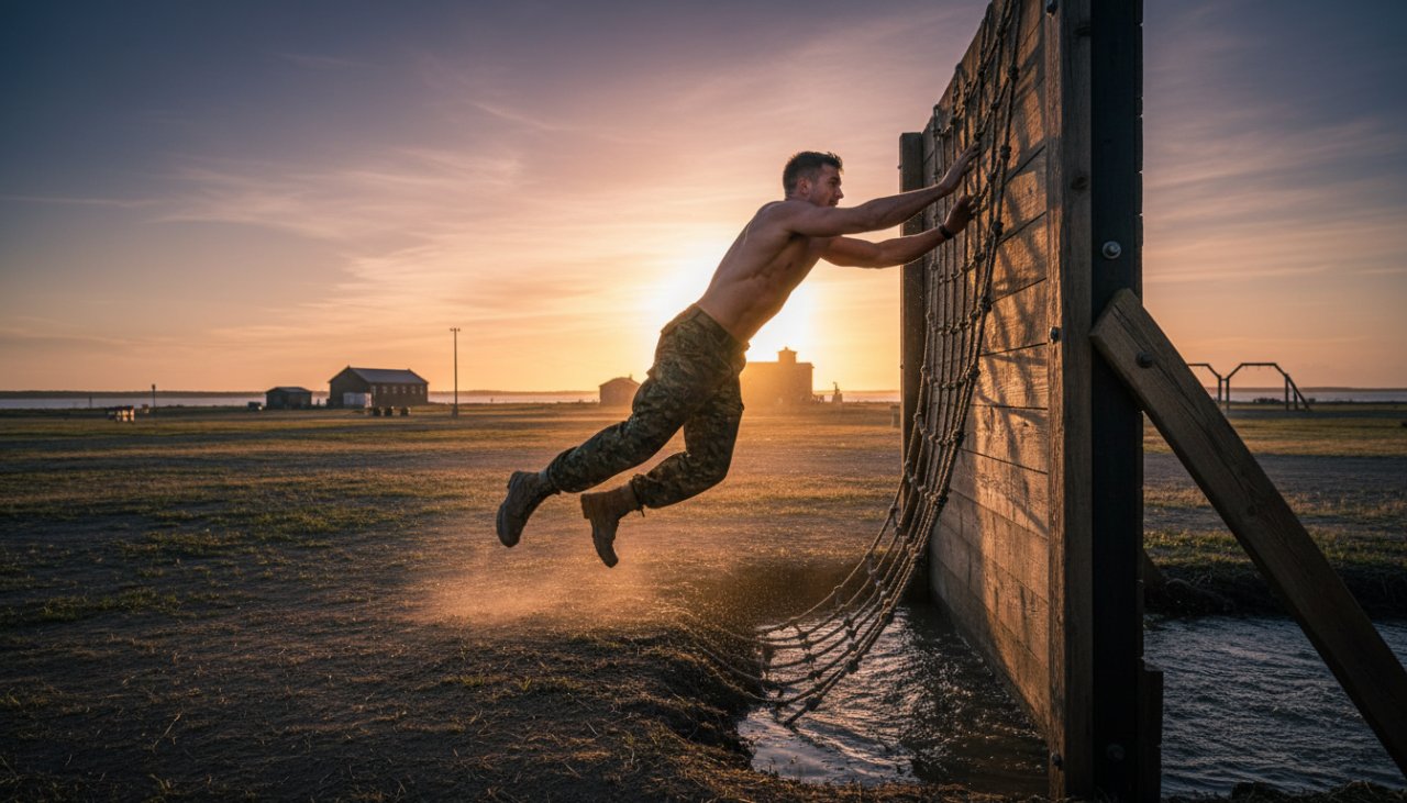 A dramatic, low-angle photograph capturing naval sports action HMAS Cerberus, showing a determined sailor mid-leap during an obstacle course, silhouetted against a golden sunset, conveying immense power and grit.