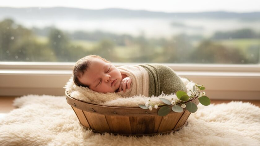 A stunning, sun-kissed photograph capturing newborn joy in Launching Victoria, featuring a peacefully sleeping baby swaddled in soft white fabric, gently held in a parent's hands, with the serene, natural beauty of the Yarra Valley in the soft-focus background, evoking a sense of tender new beginnings.