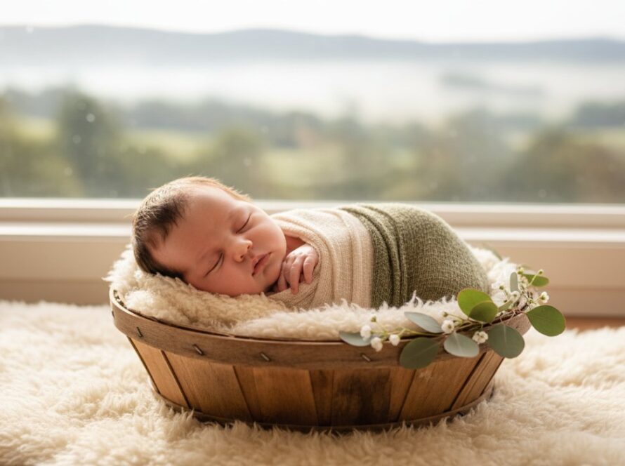 A stunning, sun-kissed photograph capturing newborn joy in Launching Victoria, featuring a peacefully sleeping baby swaddled in soft white fabric, gently held in a parent's hands, with the serene, natural beauty of the Yarra Valley in the soft-focus background, evoking a sense of tender new beginnings.