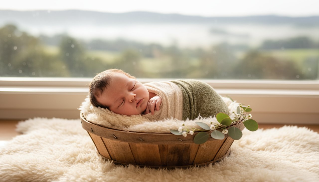 A stunning, sun-kissed photograph capturing newborn joy in Launching Victoria, featuring a peacefully sleeping baby swaddled in soft white fabric, gently held in a parent's hands, with the serene, natural beauty of the Yarra Valley in the soft-focus background, evoking a sense of tender new beginnings.