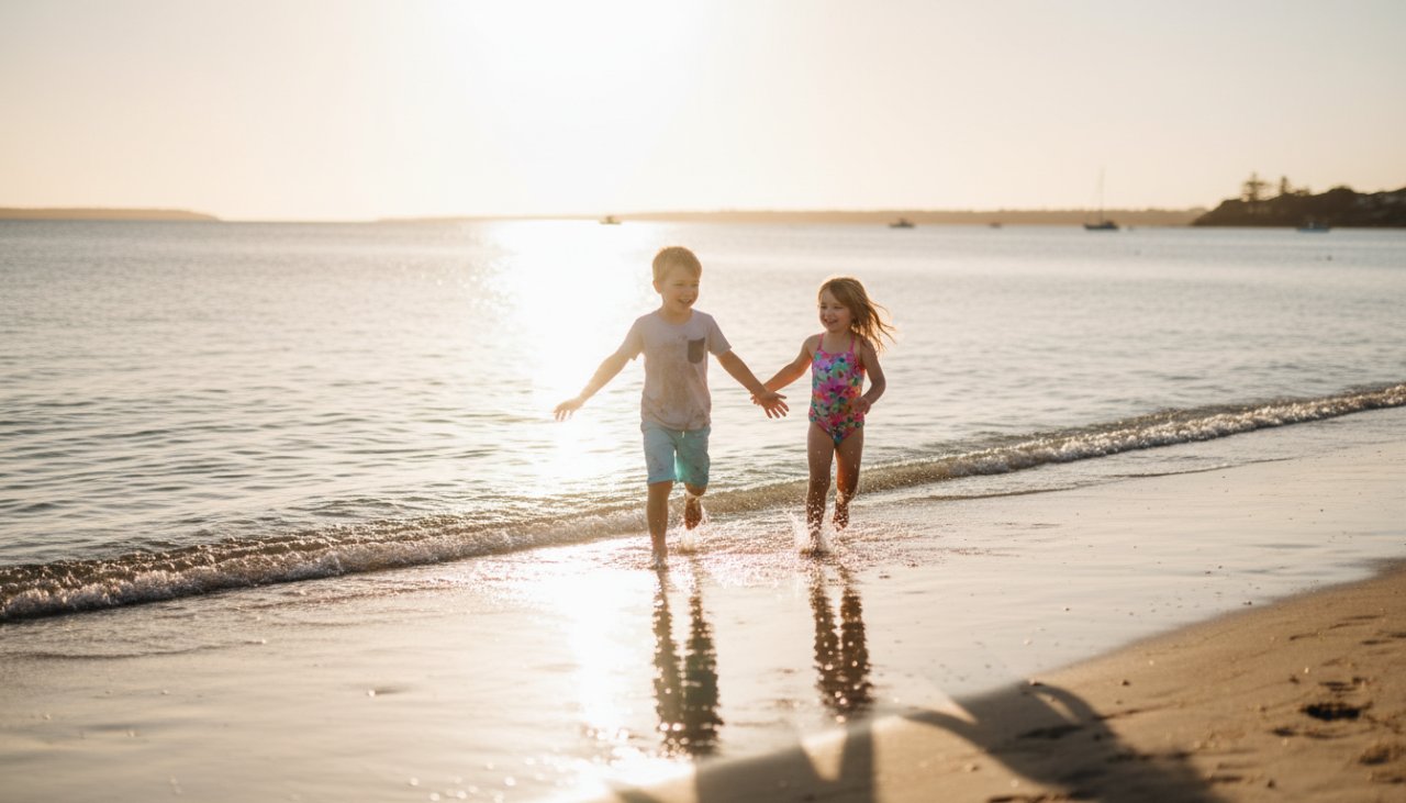 Epic moment capturing playful kids photography Rye foreshore: two children laughing and splashing joyfully at sunset on the Rye beach.
