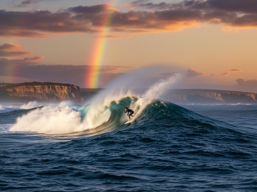 An exhilarating wide-angle shot of a surfer carving a huge wave near Portsea Back Beach, with dramatic spray and a vibrant sunset sky, perfectly illustrating Capturing Portsea's Epic Coastal Sports Moments.