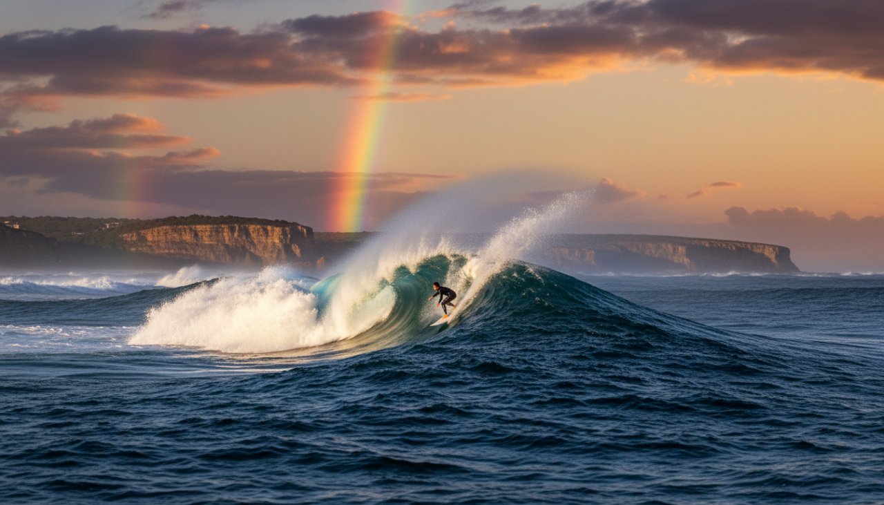 An exhilarating wide-angle shot of a surfer carving a huge wave near Portsea Back Beach, with dramatic spray and a vibrant sunset sky, perfectly illustrating Capturing Portsea's Epic Coastal Sports Moments.