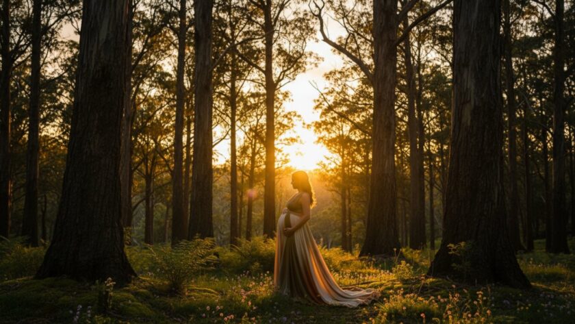 A pregnant woman silhouetted by the golden hour light in a lush Selby forest, 'Capturing radiant maternity photography Selby forest glow' through an epic, cinematic wide shot, showcasing her beautiful form amidst towering gum trees and dappled sunlight.