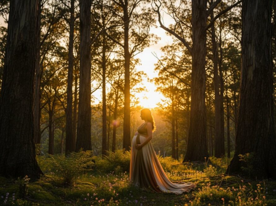 A pregnant woman silhouetted by the golden hour light in a lush Selby forest, 'Capturing radiant maternity photography Selby forest glow' through an epic, cinematic wide shot, showcasing her beautiful form amidst towering gum trees and dappled sunlight.