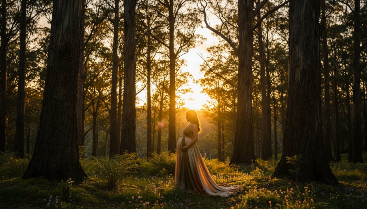 A pregnant woman silhouetted by the golden hour light in a lush Selby forest, 'Capturing radiant maternity photography Selby forest glow' through an epic, cinematic wide shot, showcasing her beautiful form amidst towering gum trees and dappled sunlight.
