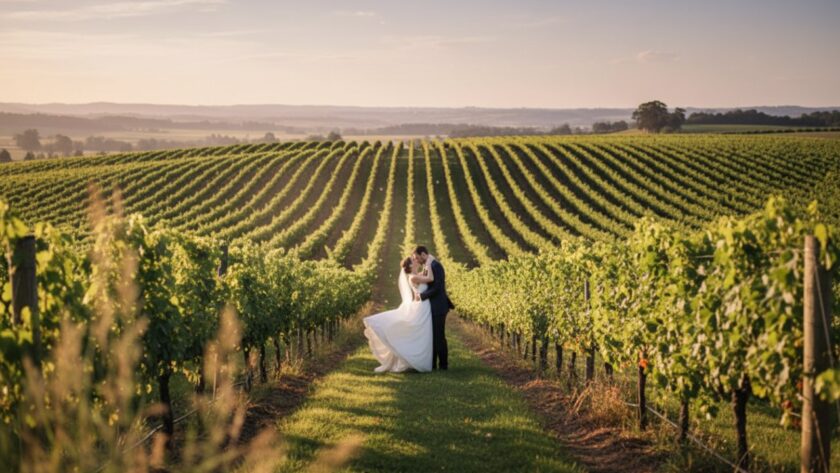 An elegant bride and groom share a tender kiss amidst the golden hour glow of a Yarra Glen winery vineyard, perfectly capturing romantic Yarra Glen winery wedding moments.