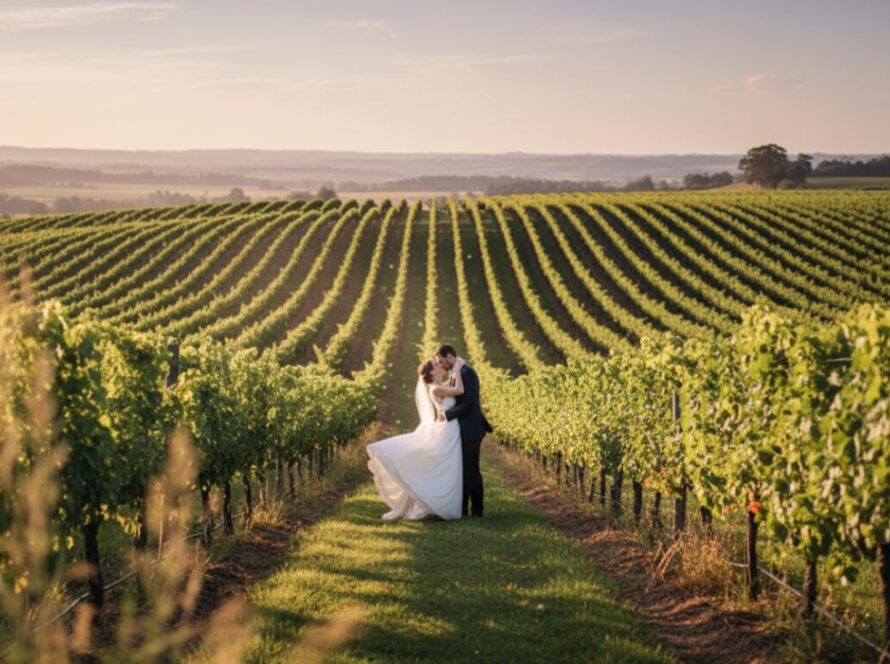 An elegant bride and groom share a tender kiss amidst the golden hour glow of a Yarra Glen winery vineyard, perfectly capturing romantic Yarra Glen winery wedding moments.