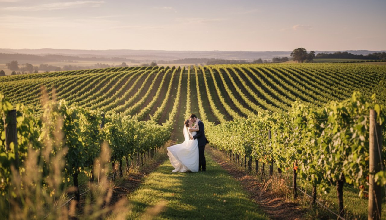 An elegant bride and groom share a tender kiss amidst the golden hour glow of a Yarra Glen winery vineyard, perfectly capturing romantic Yarra Glen winery wedding moments.
