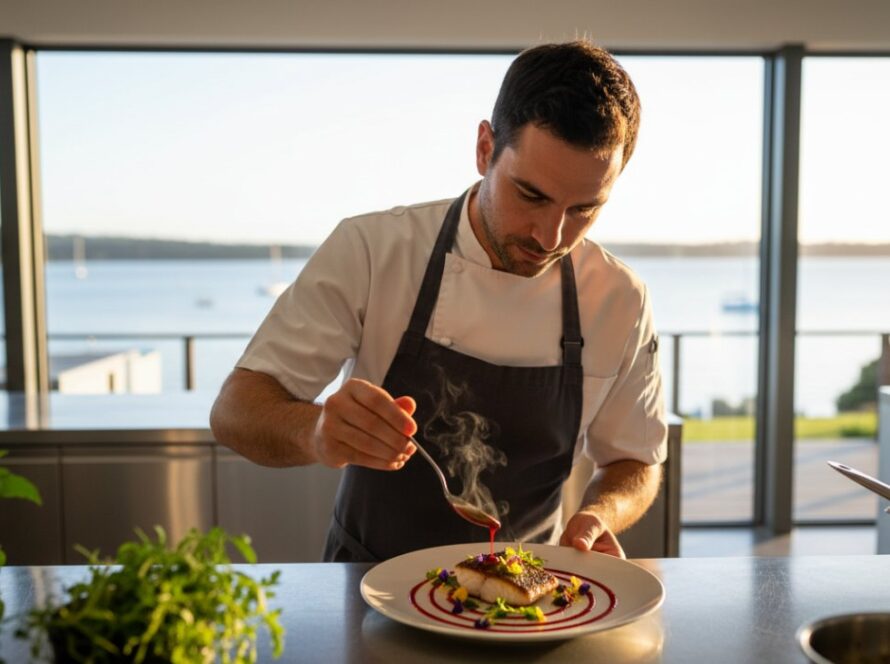 A wide-angle, cinematic shot of a chef meticulously plating a vibrant dish of freshly caught local seafood on a rustic wooden table at a beachside restaurant in Rye, Victoria, bathed in the warm glow of a sunset. The scene masterfully exemplifies capturing Rye's culinary soul food photography.