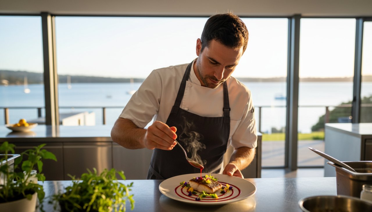 A wide-angle, cinematic shot of a chef meticulously plating a vibrant dish of freshly caught local seafood on a rustic wooden table at a beachside restaurant in Rye, Victoria, bathed in the warm glow of a sunset. The scene masterfully exemplifies capturing Rye's culinary soul food photography.