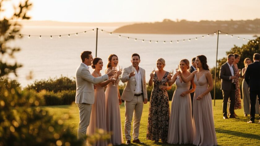 An epic moment photograph showcasing professional event photography in Rye, Victoria, featuring guests laughing joyfully at a beachside wedding reception with the stunning Rye foreshore and sparkling Port Phillip Bay in the golden hour, perfectly illustrating 'Capturing Rye's Memorable Events Professional Photography'.