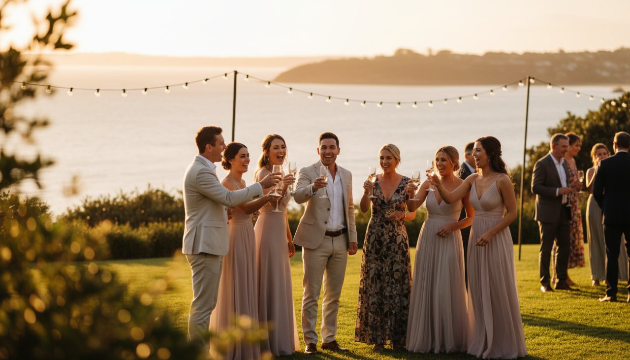 An epic moment photograph showcasing professional event photography in Rye, Victoria, featuring guests laughing joyfully at a beachside wedding reception with the stunning Rye foreshore and sparkling Port Phillip Bay in the golden hour, perfectly illustrating 'Capturing Rye's Memorable Events Professional Photography'.