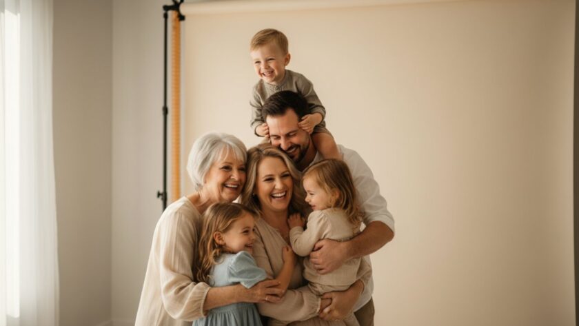 A heartwarming, cinematic image capturing Sassafras family memories in a professional studio, featuring a multi-generational Sassafras family laughing joyfully together, bathed in soft, ethereal studio light, creating a timeless, cherished portrait.