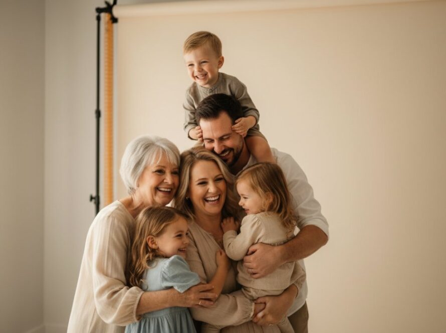 A heartwarming, cinematic image capturing Sassafras family memories in a professional studio, featuring a multi-generational Sassafras family laughing joyfully together, bathed in soft, ethereal studio light, creating a timeless, cherished portrait.