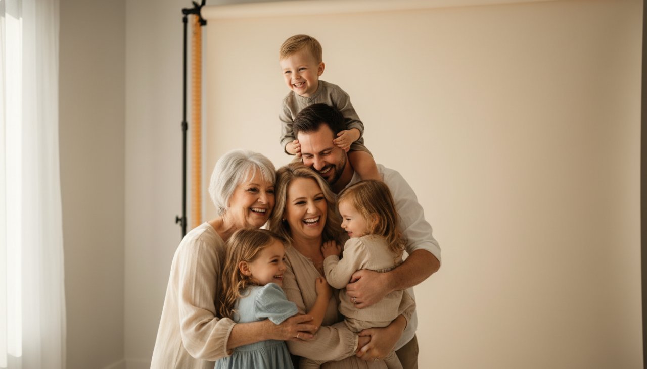 A heartwarming, cinematic image capturing Sassafras family memories in a professional studio, featuring a multi-generational Sassafras family laughing joyfully together, bathed in soft, ethereal studio light, creating a timeless, cherished portrait.
