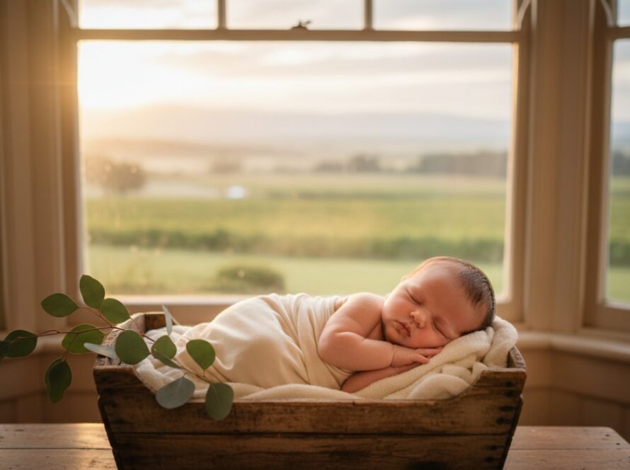 An aerial, soft-focus portrait of a sleeping newborn baby wrapped in a soft, cream blanket, nestled amongst gentle natural elements like a sprig of gum leaves, with the warm, diffused light of a Yering, Victoria afternoon filtering through a window, perfectly capturing serene baby moments in Yering, Victoria.