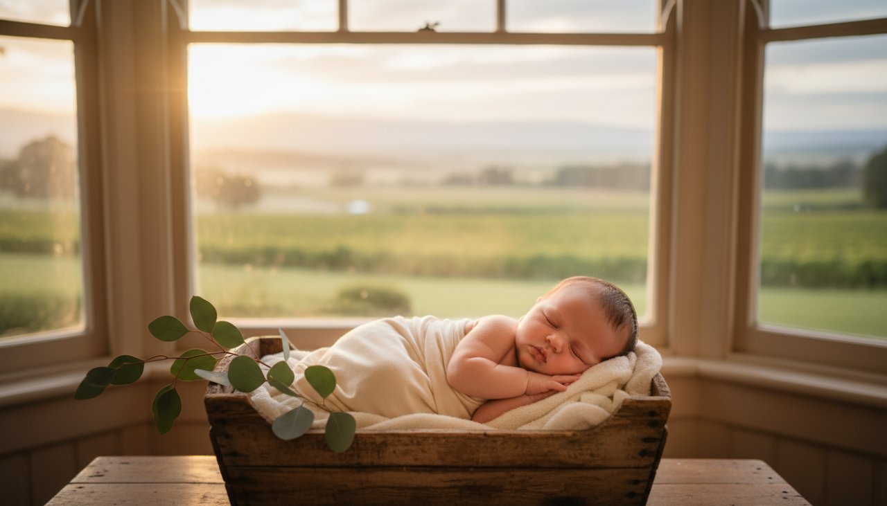An aerial, soft-focus portrait of a sleeping newborn baby wrapped in a soft, cream blanket, nestled amongst gentle natural elements like a sprig of gum leaves, with the warm, diffused light of a Yering, Victoria afternoon filtering through a window, perfectly capturing serene baby moments in Yering, Victoria.