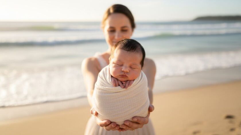 An ethereal photograph capturing serene newborn moments Rye Victoria, featuring a peacefully sleeping baby swaddled in soft, natural fibres, gently cradled in a parent's hands on a sun-drenched beach, with the tranquil Rye coastline blurred in the background, conveying warmth and new beginnings.