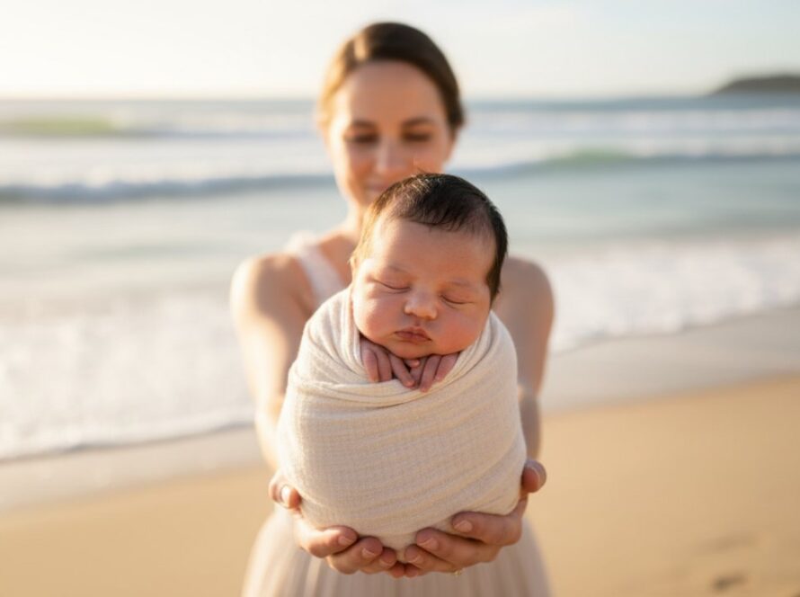 An ethereal photograph capturing serene newborn moments Rye Victoria, featuring a peacefully sleeping baby swaddled in soft, natural fibres, gently cradled in a parent's hands on a sun-drenched beach, with the tranquil Rye coastline blurred in the background, conveying warmth and new beginnings.