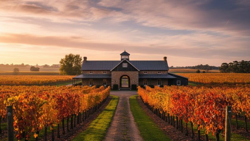 An epic golden hour shot capturing Seville East winery architecture photography, showcasing a historic vineyard estate's grand entrance under dramatic, warm light with intricate details highlighted.