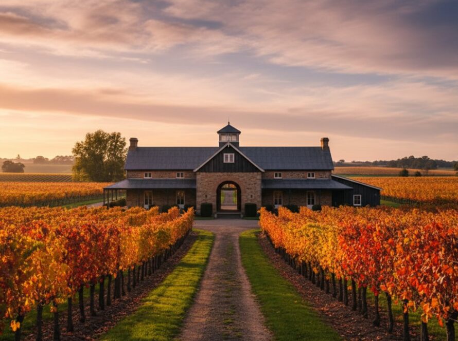 An epic golden hour shot capturing Seville East winery architecture photography, showcasing a historic vineyard estate's grand entrance under dramatic, warm light with intricate details highlighted.