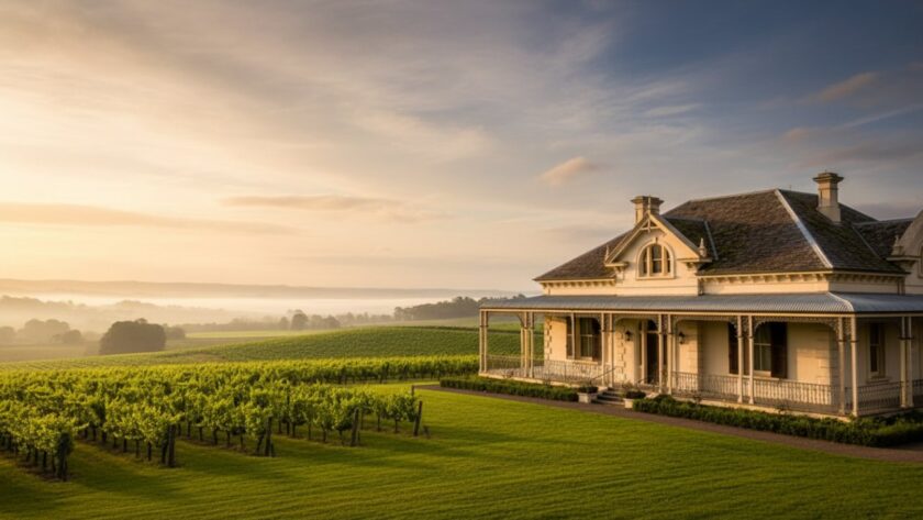 A dramatic sunset shot of a historic winery estate in Seville, Victoria, showcasing its beautiful heritage architecture, essential for capturing Seville Victoria's heritage architecture photography with stunning light.