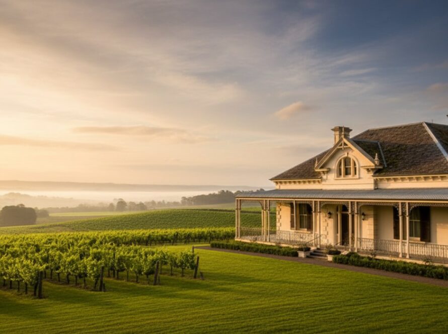 A dramatic sunset shot of a historic winery estate in Seville, Victoria, showcasing its beautiful heritage architecture, essential for capturing Seville Victoria's heritage architecture photography with stunning light.