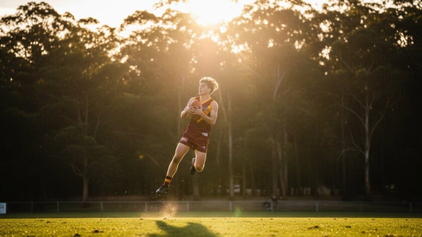 An epic moment of a young athlete mid-action during a local game in Sherbrooke, Victoria, captured with dramatic lighting and dynamic composition, embodying the spirit of Capturing Sherbrooke Community Sports Photography Action.