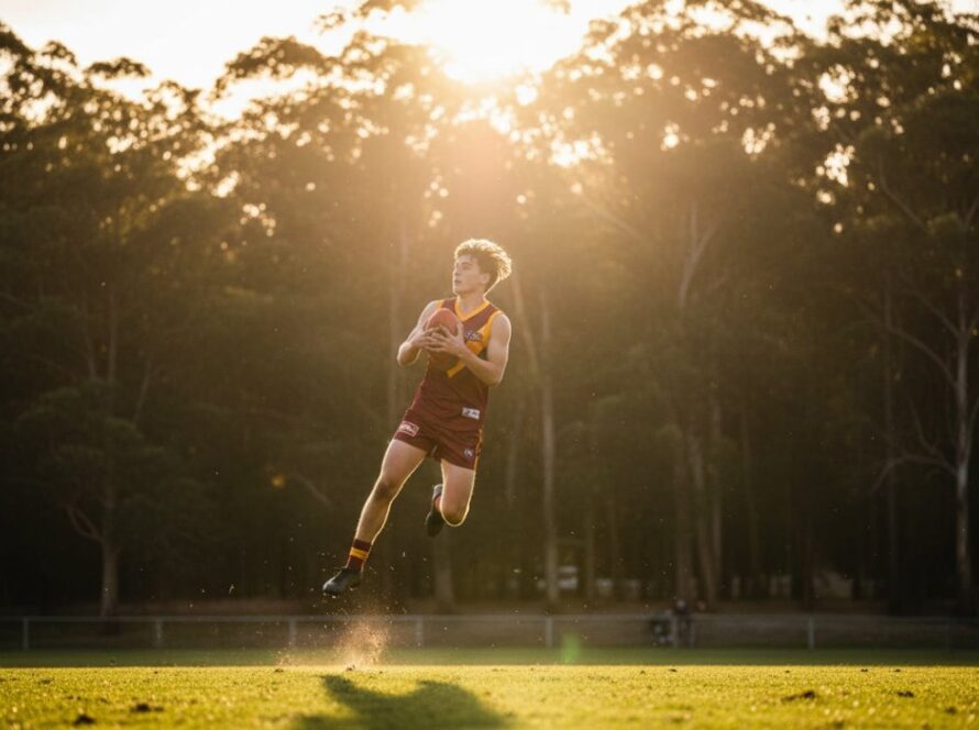 An epic moment of a young athlete mid-action during a local game in Sherbrooke, Victoria, captured with dramatic lighting and dynamic composition, embodying the spirit of Capturing Sherbrooke Community Sports Photography Action.