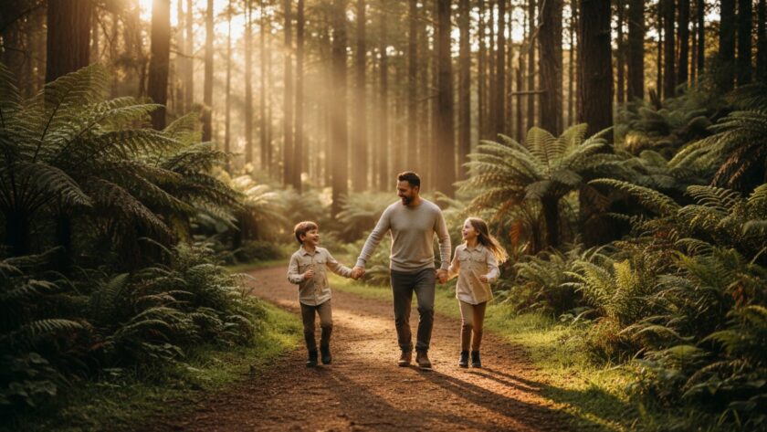 Joyful family laughing spontaneously amidst the lush greenery of the Dandenong Ranges, illustrating capturing spontaneous family moments Kallista Dandenongs in a vibrant, candid shot by a professional photographer.