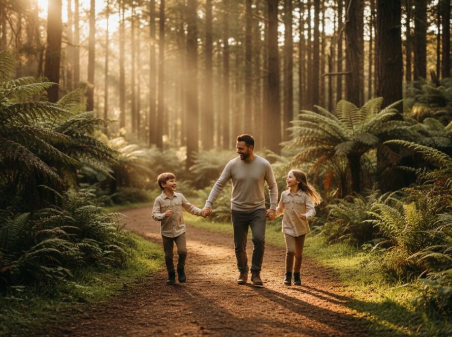Joyful family laughing spontaneously amidst the lush greenery of the Dandenong Ranges, illustrating capturing spontaneous family moments Kallista Dandenongs in a vibrant, candid shot by a professional photographer.