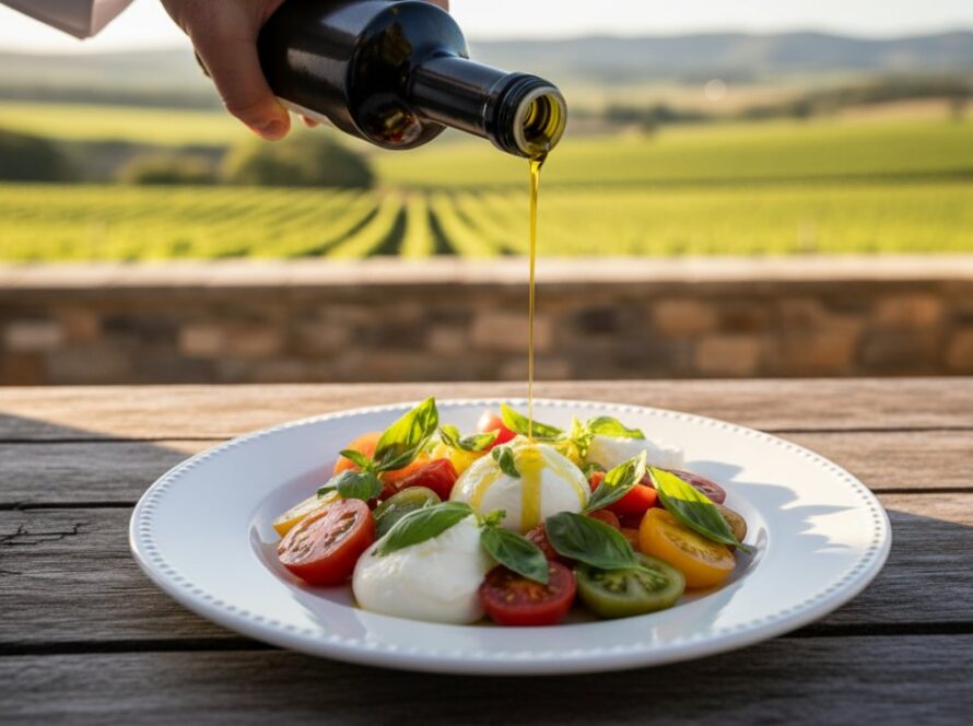 An exquisitely lit close-up of a rustic gourmet dish, artfully arranged on a wooden table with fresh herbs in a sun-drenched Steels Creek farm setting, perfectly capturing Steels Creek culinary stories photography.