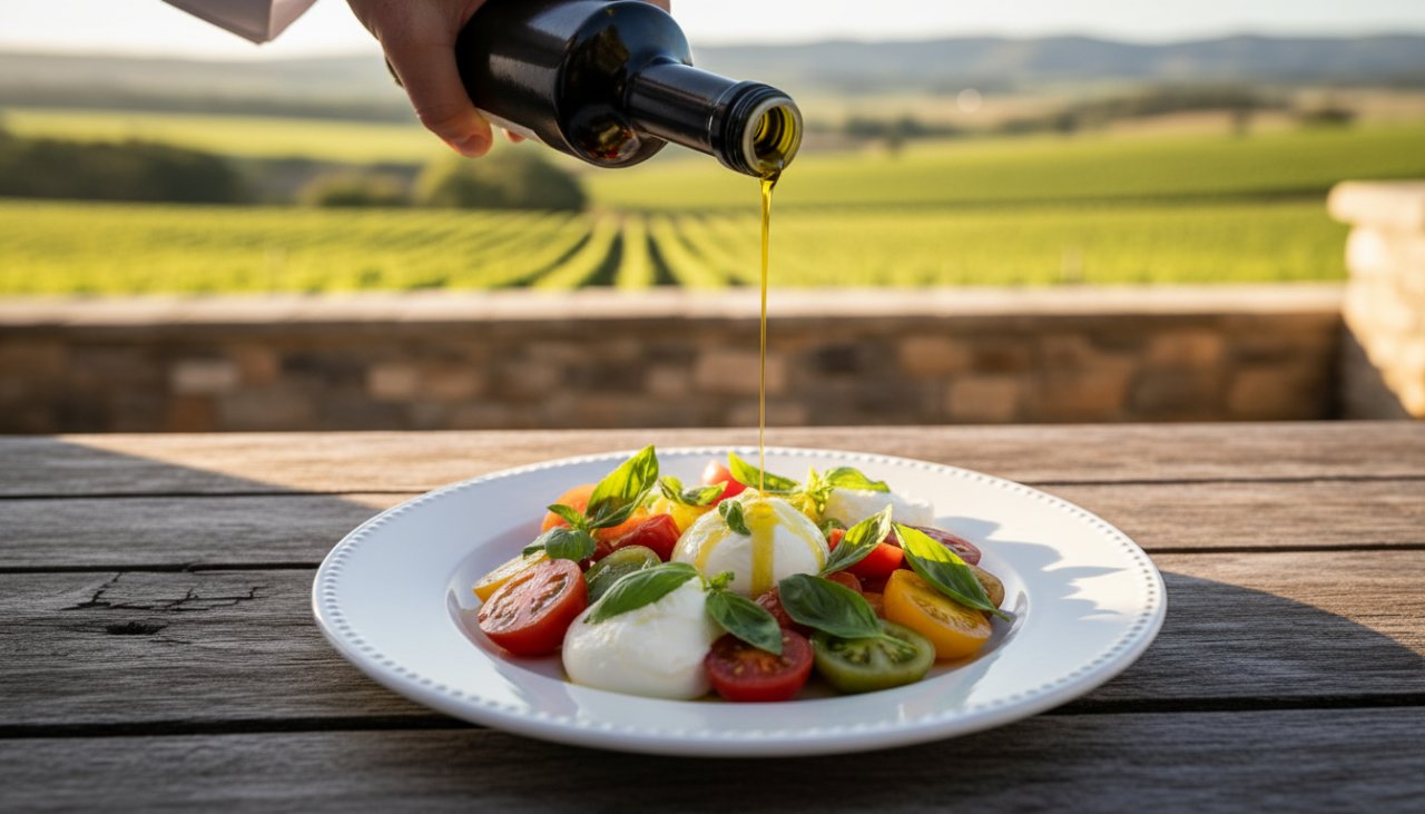 An exquisitely lit close-up of a rustic gourmet dish, artfully arranged on a wooden table with fresh herbs in a sun-drenched Steels Creek farm setting, perfectly capturing Steels Creek culinary stories photography.