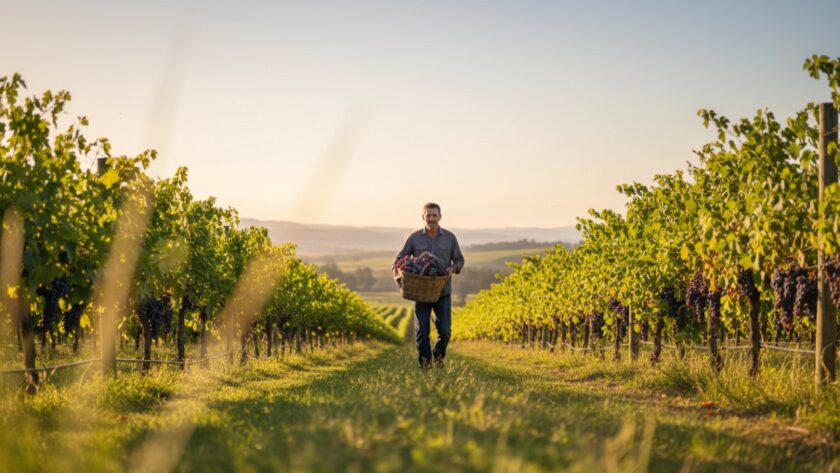 Capturing Tarrawarra Winery Editorial Photography for Local Brands: A wide, cinematic shot of a winemaker, silhouetted by the golden hour sun, walking through rows of grapevines at a Tarrawarra winery, holding a basket of freshly picked grapes, with the Yarra Valley hills in the soft focus background, conveying authenticity and the spirit of craftsmanship.
