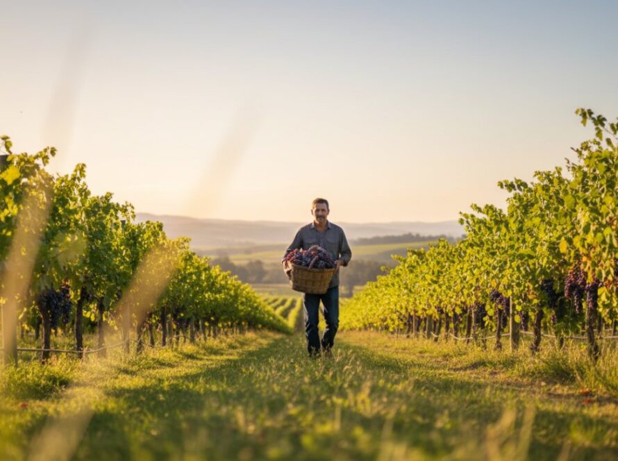 Capturing Tarrawarra Winery Editorial Photography for Local Brands: A wide, cinematic shot of a winemaker, silhouetted by the golden hour sun, walking through rows of grapevines at a Tarrawarra winery, holding a basket of freshly picked grapes, with the Yarra Valley hills in the soft focus background, conveying authenticity and the spirit of craftsmanship.