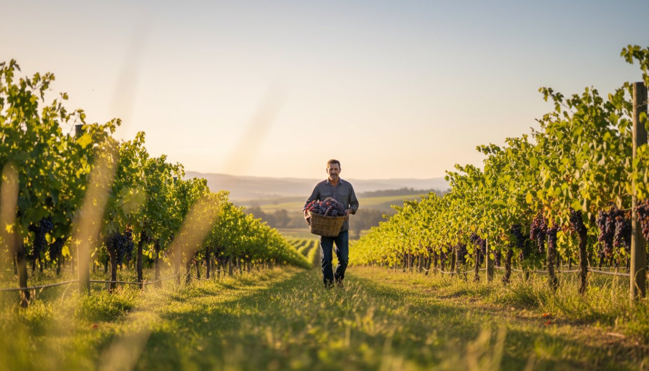 Capturing Tarrawarra Winery Editorial Photography for Local Brands: A wide, cinematic shot of a winemaker, silhouetted by the golden hour sun, walking through rows of grapevines at a Tarrawarra winery, holding a basket of freshly picked grapes, with the Yarra Valley hills in the soft focus background, conveying authenticity and the spirit of craftsmanship.