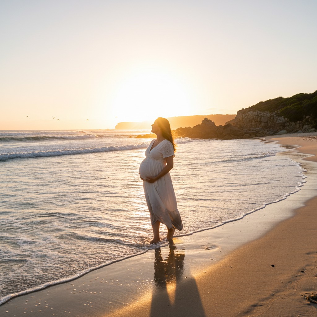 A candid, high-quality photograph of a pregnant woman walking barefoot on a pristine Australian beach at sunrise, the gentle waves softly touching her feet, sunlight creating a luminous silhouette. Emphasize the natural beauty of the Australian coastline and a sense of peaceful anticipation.
