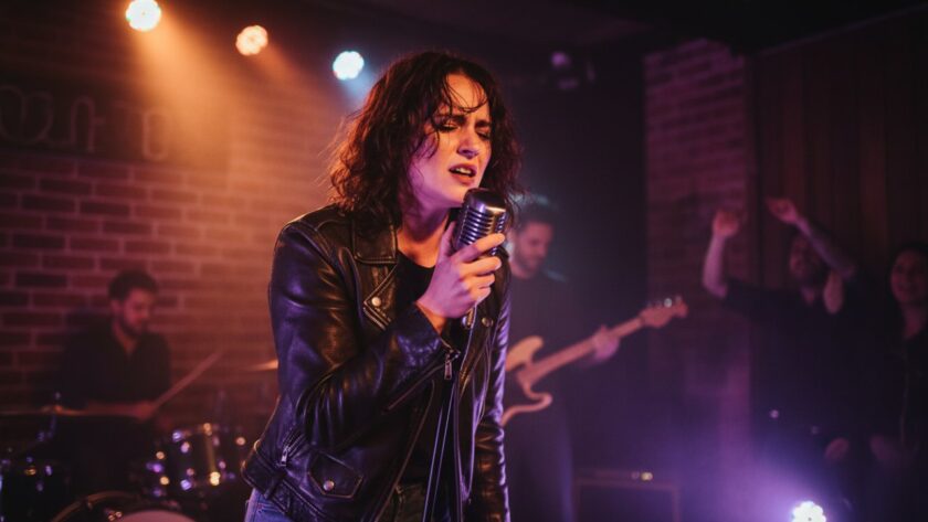 An epic moment of a local band performing an electrifying set at a cosy venue in The Patch, Victoria, beautifully lit with warm stage lights, perfectly illustrating capturing The Patch intimate gig photography. The lead singer is mid-jump, bathed in a purple spotlight, while the crowd cheers enthusiastically, blurred in the foreground.