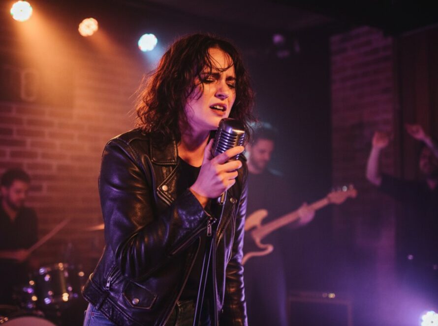 An epic moment of a local band performing an electrifying set at a cosy venue in The Patch, Victoria, beautifully lit with warm stage lights, perfectly illustrating capturing The Patch intimate gig photography. The lead singer is mid-jump, bathed in a purple spotlight, while the crowd cheers enthusiastically, blurred in the foreground.
