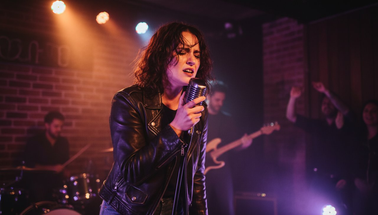 An epic moment of a local band performing an electrifying set at a cosy venue in The Patch, Victoria, beautifully lit with warm stage lights, perfectly illustrating capturing The Patch intimate gig photography. The lead singer is mid-jump, bathed in a purple spotlight, while the crowd cheers enthusiastically, blurred in the foreground.