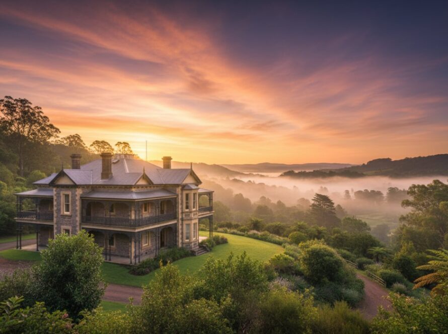 An epic moment of a grand, historic homestead in Tremont, Victoria, Australia, illuminated by dramatic golden hour light, showcasing its intricate Victorian architecture and the surrounding lush Dandenong Ranges landscape, perfectly capturing Tremont Victoria's architectural soul with expert photography.