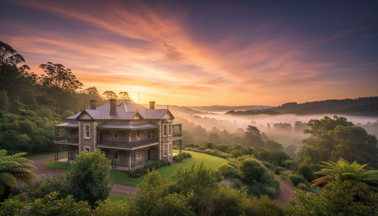 An epic moment of a grand, historic homestead in Tremont, Victoria, Australia, illuminated by dramatic golden hour light, showcasing its intricate Victorian architecture and the surrounding lush Dandenong Ranges landscape, perfectly capturing Tremont Victoria's architectural soul with expert photography.