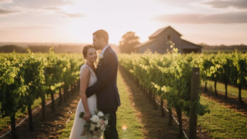An engaged couple sharing a tender moment at sunset amidst a rustic Tyabb vineyard, beautifully illustrating the 'Capturing Tyabb pre-wedding photography rustic elegance' theme with golden light.