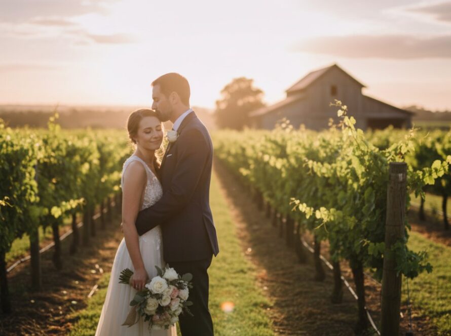 An engaged couple sharing a tender moment at sunset amidst a rustic Tyabb vineyard, beautifully illustrating the 'Capturing Tyabb pre-wedding photography rustic elegance' theme with golden light.