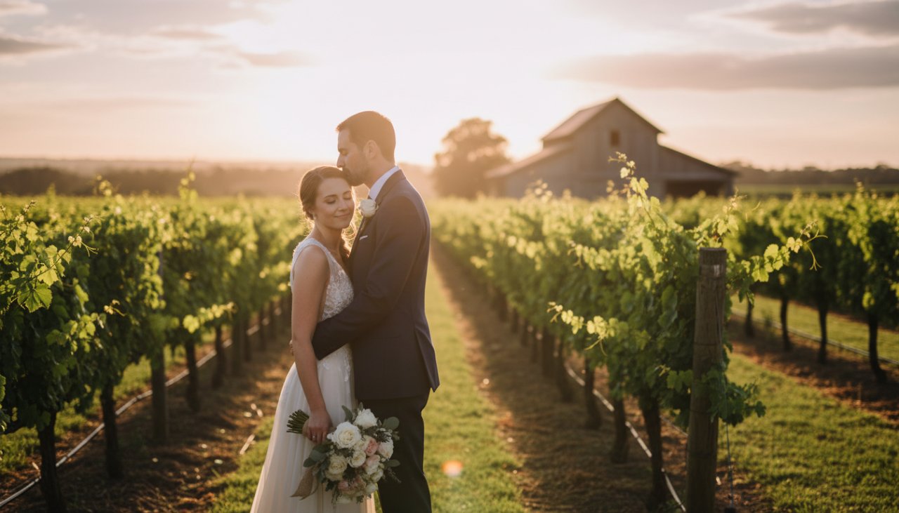 An engaged couple sharing a tender moment at sunset amidst a rustic Tyabb vineyard, beautifully illustrating the 'Capturing Tyabb pre-wedding photography rustic elegance' theme with golden light.