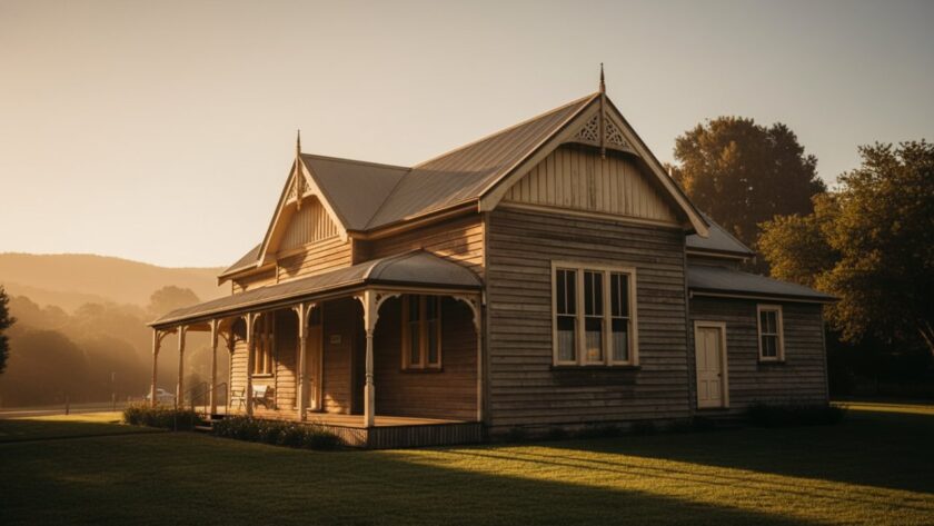 An epic moment capturing Upwey's Rustic Architecture Victoria, showcasing the historic timber facade of a local cafe bathed in dramatic late afternoon sunlight, with a subtle golden glow highlighting intricate details.