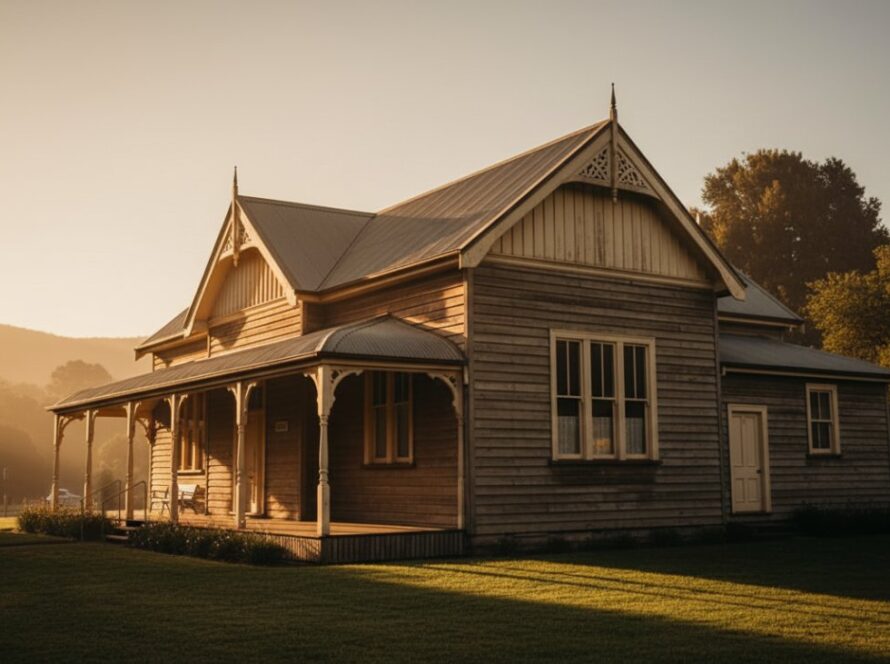 An epic moment capturing Upwey's Rustic Architecture Victoria, showcasing the historic timber facade of a local cafe bathed in dramatic late afternoon sunlight, with a subtle golden glow highlighting intricate details.