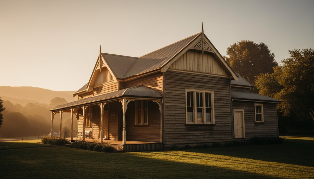 An epic moment capturing Upwey's Rustic Architecture Victoria, showcasing the historic timber facade of a local cafe bathed in dramatic late afternoon sunlight, with a subtle golden glow highlighting intricate details.